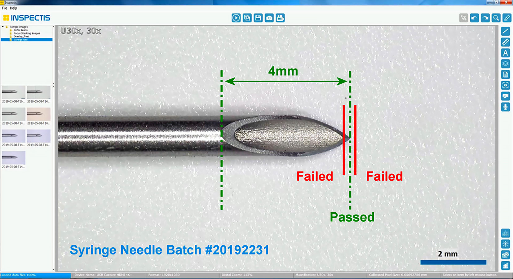 Inspectis Software Screenshot displaying measurements on a 4K image